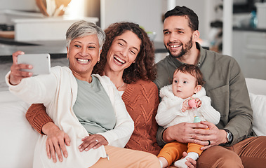 Image showing Family, baby and selfie on sofa with grandmother, happiness and bonding with love in living room together. Man, women and child for photography for social media app on lounge couch with care in house