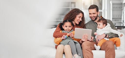 Image showing Happy family on sofa with tablet, kids and bonding, streaming service for child development video with mockup space. Mother, father and children on couch, happiness and smile in digital entertainment