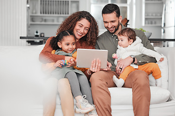 Image showing Happy family on couch with tablet, children and bonding, streaming service for child development video with mockup space. Mother, father and kids on sofa, happiness and smile in digital entertainment