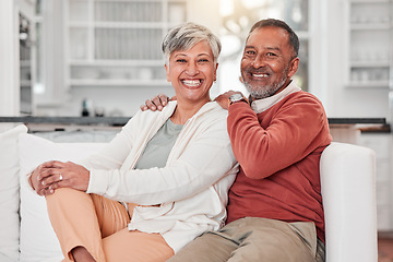 Image showing Couple, senior portrait and smile in home living room, bonding and having fun in retirement together on sofa. Love, happiness and elderly man and woman relax on couch, care and enjoying quality time.