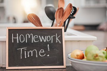 Image showing Education, house and a board for homework on a table, house rules and note for school work. Learning, creative and a chalkboard sign with an instruction for studying, knowledge and an activity