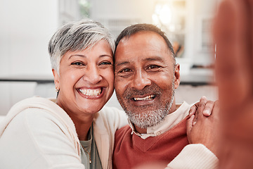 Image showing Selfie, smile and a portrait of a mature couple together for a memory, bonding and quality time. Happy, affection and faces of a man and woman taking a photo at home for relationship memories