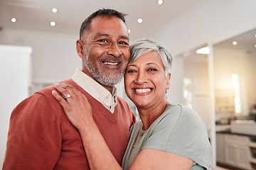 Image showing Portrait, smile and senior couple in home, bonding and embrace together. Love, retirement and face of elderly man and woman with happiness, commitment or hugging while enjoying romantic time in house