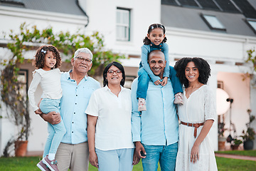 Image showing Happy, support and portrait of big family at home for bonding, generations and carefree. Happiness, weekend and grandparents with children and parents on lawn of house for smile, cheerful and joy