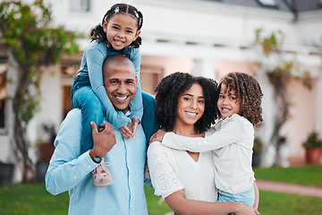 Image showing Love, portrait and family outdoor, real estate and bonding for quality time, loving and cheerful. Face, happy parents and mother with father, female children and kids outside, excited or new property