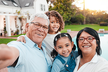 Image showing Family, children and outdoor selfie with grandparents in backyard for love and care. Happy girl kids, senior man and woman together for support, peace or home quality time for portrait in retirement