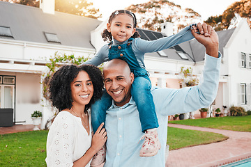 Image showing Portrait of mother, father and girl in garden for bonding, quality time and playing outdoors in new house. Family home, real estate and parents smile with child relax on weekend, vacation and holiday