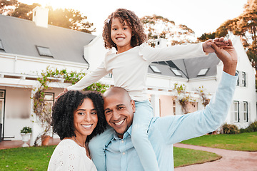 Image showing Portrait of mother, father and girl in backyard for bonding, quality time and play outdoors in new house. Family home, real estate and parents smile with child relax on weekend, vacation and holiday