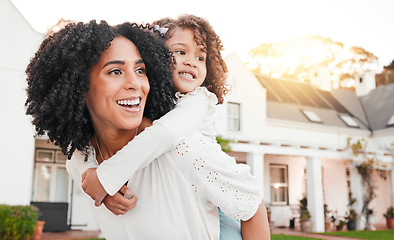 Image showing Family, happy and mother with girl on back relax in home garden for bonding, quality time and playing outdoors. Love, backyard and mom carry child with smile on summer vacation, weekend and holiday