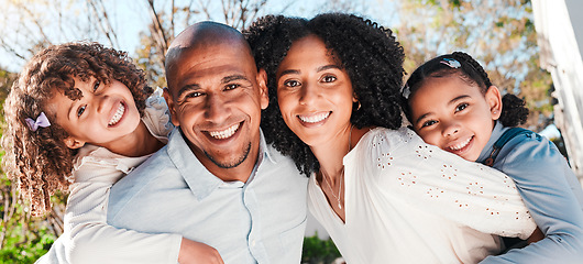 Image showing Family, children and portrait outdoor with parents in nature with love and care. Happy kids, man and woman together for support, piggyback or quality time with hug and smile for happiness or security