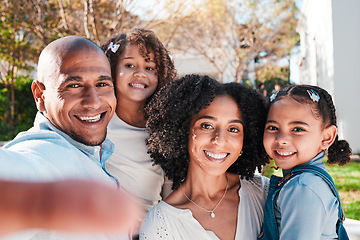 Image showing Family, children and selfie portrait outdoor with parents in garden for love and care. Happy kids, man and woman or mom and dad together in support, relax or quality time hug and smile for happiness