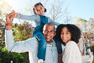 Image showing Family, child and portrait outdoor with parents in backyard for love and care. Happy girl kid, man and woman together holding hands for support, peace or quality time for hug and smile or security