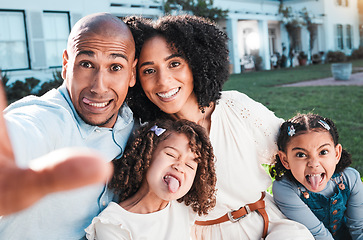 Image showing Family, silly selfie and outdoor with children and parents in backyard for love and care. Happy kids, man and woman together for support with hug, smile and tongue out for comic or funny portrait