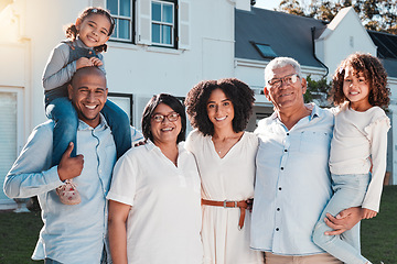 Image showing Family, children and portrait outdoor with parents and grandparents in backyard for love and care. Happy kids, men and women together for support, peace or quality time for hug and smile or security