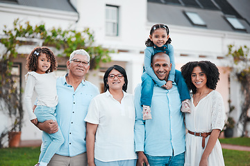 Image showing Happy, relax and portrait of big family in garden for home bonding, generations and holiday. Happiness, weekend or grandparents with children and parents on lawn of house for support, cheerful or joy