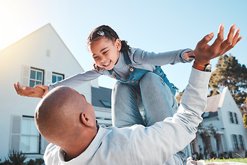 Image showing Family, happy or father lift girl in home garden for bonding, quality time or playing outdoors. Love, new house and dad with child flying in air and smile on summer vacation, weekend and holiday game