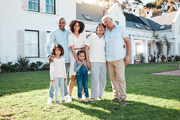 Image showing Family, children and portrait outdoor with parents and grandparents in backyard with love and care. Happy kids, men and women together for support, peace and quality time with young and senior people