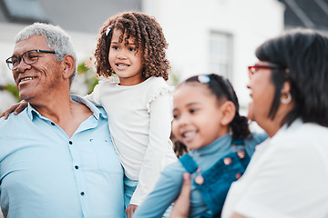 Image showing Family, children and happy outdoor with grandparents in backyard for love, care and happiness. Girl kids, senior man or elderly woman together for support, quality time or security in backyard garden