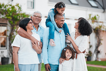 Image showing Happy, smile or affectionate with big family at home for bonding, generations or care. Happiness, weekend and grandparents with girls, kids or parents in garden of house for support, cheerful and joy