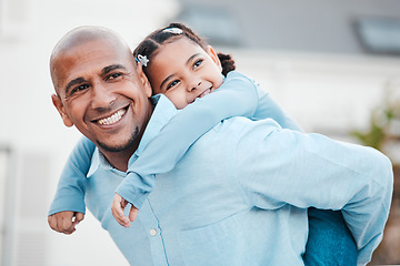 Image showing Family, piggy back and father carry girl in home garden for bonding, quality time and playing outdoors. Love, relax and happy dad with child with smile on summer vacation, weekend and holiday break