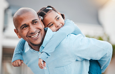 Image showing Family, smile and dad with girl on back relax in home garden for bonding, quality time and playing outdoors. Love, piggyback and happy father carry child on summer vacation, weekend and holiday