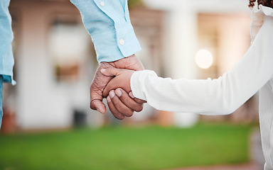 Image showing Holding hands closeup, parent and kid together in garden with dad love, care or support. Papa, family and child hand in outdoor solidarity, nature and trust with father and young person in affection