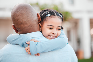 Image showing Family, hug and father with girl in garden for bonding, quality time and childcare outdoors. Love, embrace and dad hugging happy child with smile on summer vacation, weekend and holiday in backyard