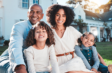 Image showing Family, children and portrait outdoor with parents in backyard garden for love and care. Happy kids, man and woman together for support, peace or quality time for hug and smile or security at house