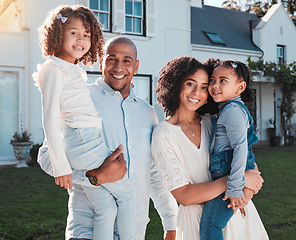 Image showing Family, portrait and outdoor with parents and children in backyard for love and care. Happy kids, man and woman together for support, peace or quality time for hug and smile or security at house