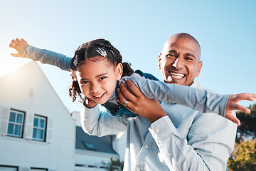 Image showing Family, portrait and father lifting girl in air for garden bonding, quality time and playing outdoors together. Flying, happiness and dad carry child on summer vacation, weekend and holiday at home