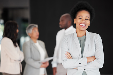 Image showing Black woman, portrait smile and business leadership for meeting, planning or teamwork collaboration at the office. Happy and confident African American female smiling with arms crossed for management