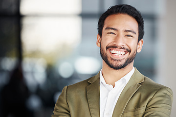 Image showing Happy, laughing and portrait of man in office for business, professional and executive. Mission, happiness and pride with Asian employee in startup agency for entrepreneur, agent and joy with mockup