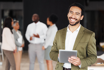 Image showing Digital tablet, portrait and happy business man with team in office for meeting, planning and collaboration. Face, asian male and leader online with group of people for creative startup mission plan