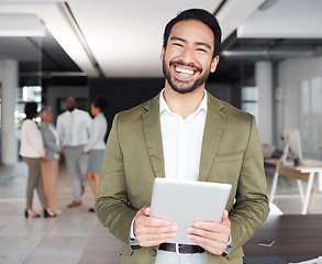 Image showing Digital tablet, happy and portrait of asian man with office team for meeting, planning or solution. Face, smile and male leader online with group of business people for startup, mission or management