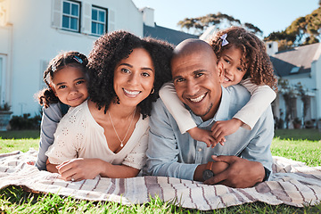 Image showing Family, children and parents portrait outdoor in backyard for love, picnic and care. Happy kids, man and woman together for support, peace or quality time with a hug and smile for security or holiday