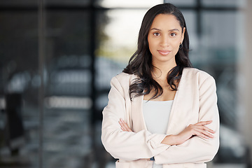 Image showing Business woman, portrait smile and arms crossed in confidence for management or career ambition at office. Confident, proud and happy female manager, professional or corporate executive smiling