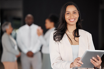 Image showing Business woman, portrait and tablet in leadership for meeting, planning or teamwork schedule at the office. Happy and confident female leader or manager smiling with touchscreen for team management