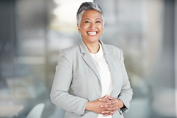 Image showing Happy, senior and portrait of woman in office for business, professional and executive. Mission, happiness and pride with employee in startup agency for entrepreneur, agent and joy with mockup