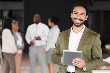 Image showing Digital tablet, portrait and happy businessman with team in office for meeting, planning and collaboration. Face, asian male and leader online with group of business people for startup mission plan