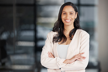 Image showing Happy, arms crossed and portrait of woman in office for business, professional and executive. Mission, happiness and pride with employee in startup agency for entrepreneur, agent and joy with mockup