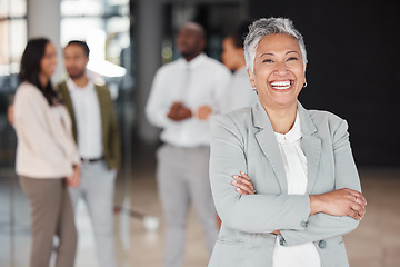 Image showing Business woman, portrait smile and leadership for corporate management or meeting at the office. Happy and confident senior female CEO smiling in teamwork, success or career ambition at the workplace