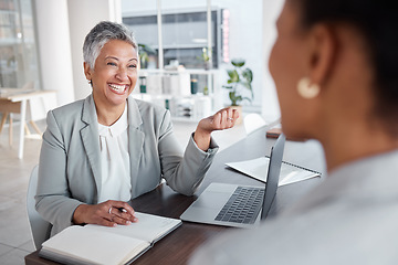 Image showing Happy meeting, planning and business women advice, teamwork or discussion for career, project or b2b networking. Proposal, ideas and agency for professional people or clients conversation in office