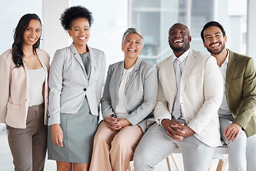 Image showing Diversity, portrait and group of business people in the office posing together after a meeting. Collaboration, staff and multiracial team of colleagues or friends standing in the modern workplace.