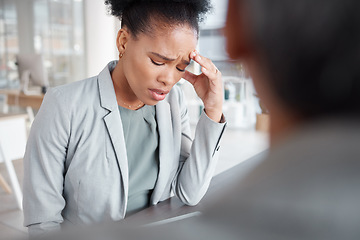 Image showing Black woman in business, stress and mental health, counseling at work and psychology with corporate burnout. Support, company issued therapy and female with fatigue and headache, depression and help