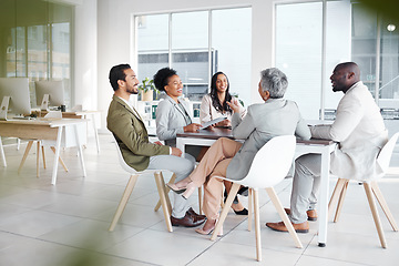 Image showing Meeting, diversity and business team planning in the office for a corporate project. Collaboration, teamwork and group of professional employees working on company strategy report in the workplace.