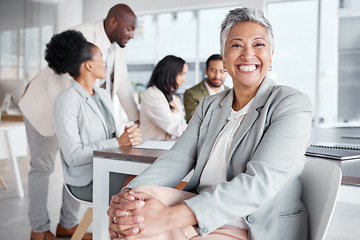 Image showing Portrait, meeting and a business woman in the boardroom with a positive mindset for planning or strategy. Corporate, professional and vision with a senior female employee sitting in her work office