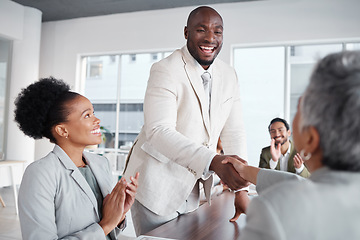 Image showing Happy business people, handshake and success in meeting for support and applause, hiring or team onboarding. Collaboration, shaking hands and congratulations, promotion and achievement with diversity