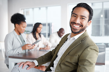 Image showing Portrait, meeting and a business man in the boardroom with a positive mindset for planning or strategy. Corporate, professional and vision with a young male employee sitting in his work office