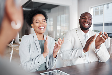 Image showing Business people, applause and meeting in teamwork, collaboration or conference at the office. Happy employees clapping hands in congratulations for team success, support or promotion at the workplace