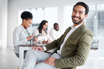 Image showing Portrait, boardroom and a business man in the office with a positive mindset for planning or strategy. Corporate, professional and vision with a happy young male employee sitting in a work meeting